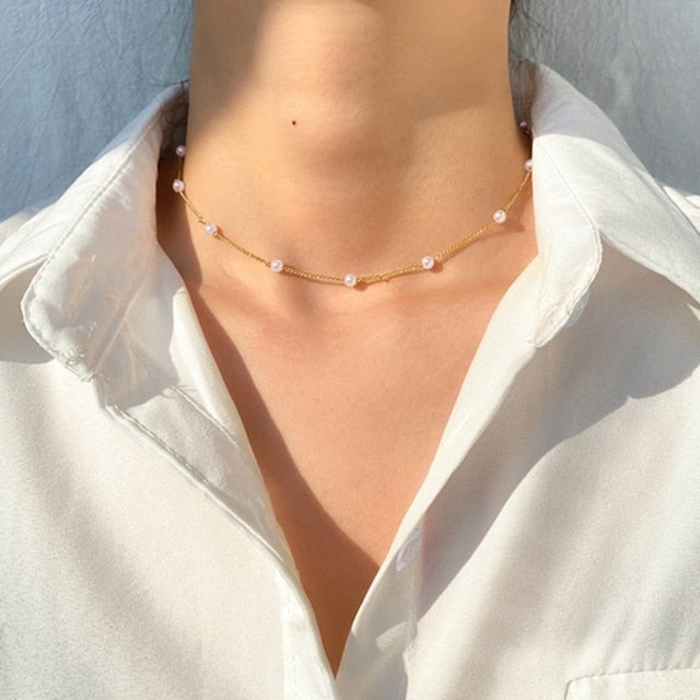 DAXI Beaded Choker Pearl Necklace For Women Gold Chain Necklaces Pendant Collar Choker Chains Bead Necklace Vintage Jewelry 2021