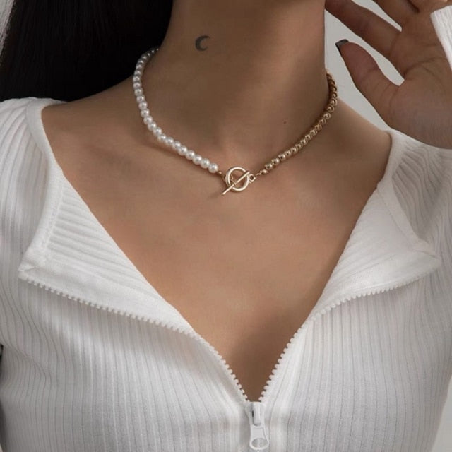 DAXI Beaded Choker Pearl Necklace For Women Gold Chain Necklaces Pendant Collar Choker Chains Bead Necklace Vintage Jewelry 2021