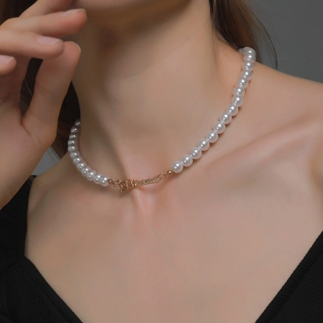 DAXI Beaded Choker Pearl Necklace For Women Gold Chain Necklaces Pendant Collar Choker Chains Bead Necklace Vintage Jewelry 2021