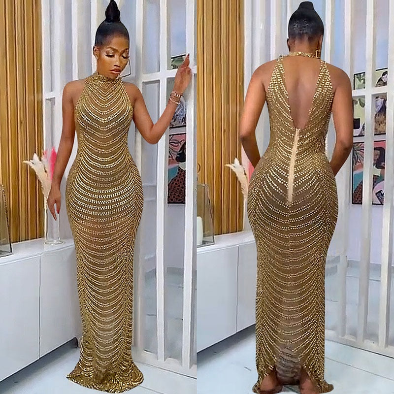 Sparkly Crystal Rhinestone Bodycon Maxi Dress Women Wedding Evening Backless Mesh See Through Night Party Club Birthday Dress