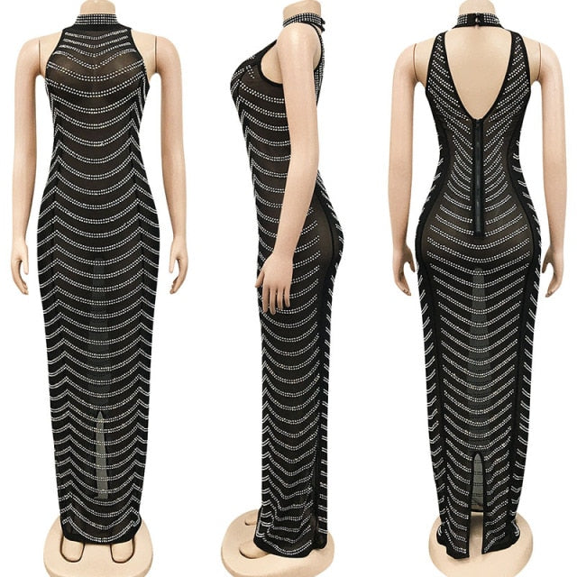 Sparkly Crystal Rhinestone Bodycon Maxi Dress Women Wedding Evening Backless Mesh See Through Night Party Club Birthday Dress
