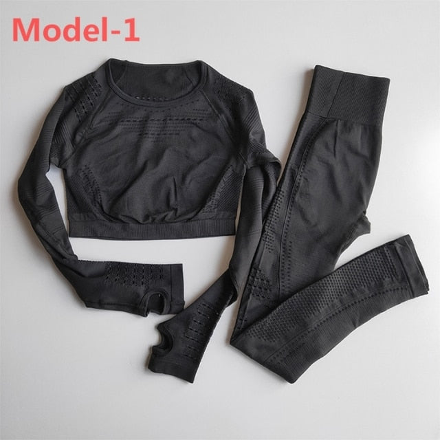 Women Seamless Gym Sets High Waist Gym Mesh Leggings Shirts Suit Long Sleeve Fitness Workout Sports Running Thin Sport Sets
