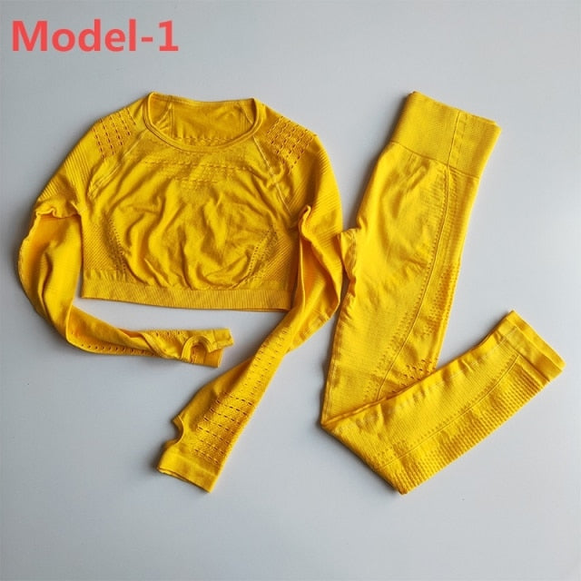 Women Seamless Gym Sets High Waist Gym Mesh Leggings Shirts Suit Long Sleeve Fitness Workout Sports Running Thin Sport Sets