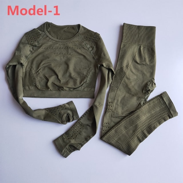 Women Seamless Gym Sets High Waist Gym Mesh Leggings Shirts Suit Long Sleeve Fitness Workout Sports Running Thin Sport Sets