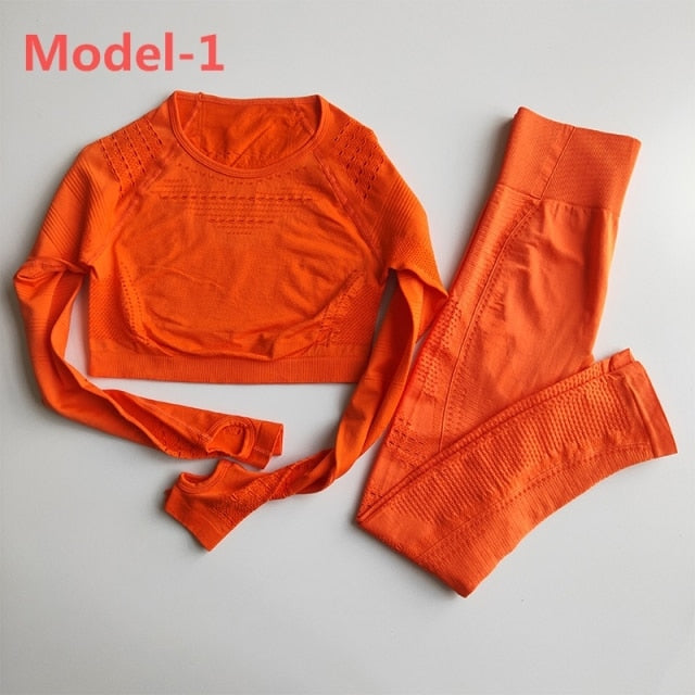 Women Seamless Gym Sets High Waist Gym Mesh Leggings Shirts Suit Long Sleeve Fitness Workout Sports Running Thin Sport Sets