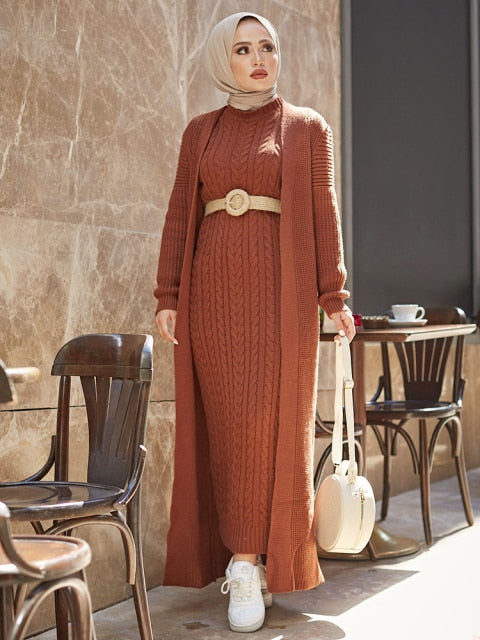Women Dress New Season Autumn Winter 2 Piece Hijab Knitwear Suit Islamic Muslim Clothing Long Cardigan Model Made in Turkey