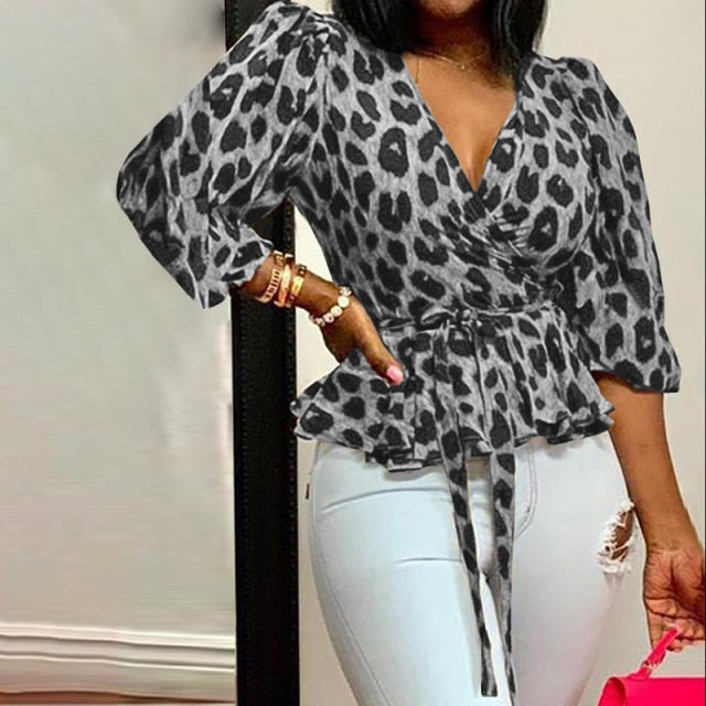 Celmia Women Elegant Blouses  Office Tunic Shirt Sexy Deep V-Neck Leopard Print Belted 2021 Fashion Tops Ruffles Blusas Feminina