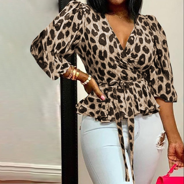 Celmia Women Elegant Blouses  Office Tunic Shirt Sexy Deep V-Neck Leopard Print Belted 2021 Fashion Tops Ruffles Blusas Feminina