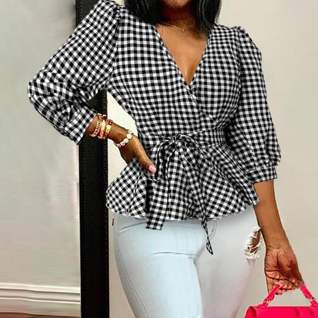Celmia Women Elegant Blouses  Office Tunic Shirt Sexy Deep V-Neck Leopard Print Belted 2021 Fashion Tops Ruffles Blusas Feminina