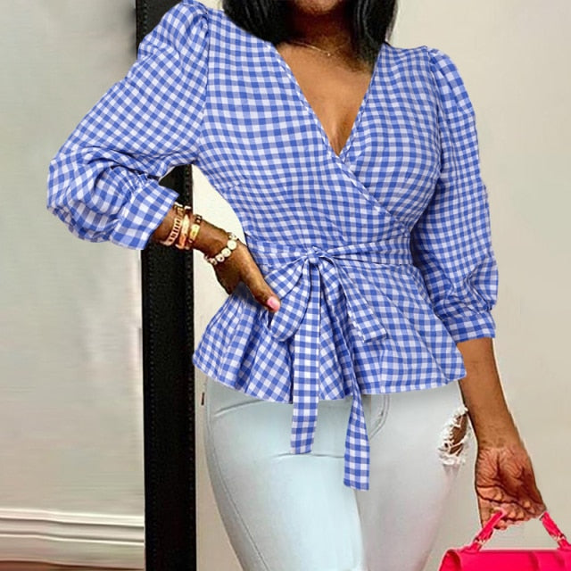 Celmia Women Elegant Blouses  Office Tunic Shirt Sexy Deep V-Neck Leopard Print Belted 2021 Fashion Tops Ruffles Blusas Feminina
