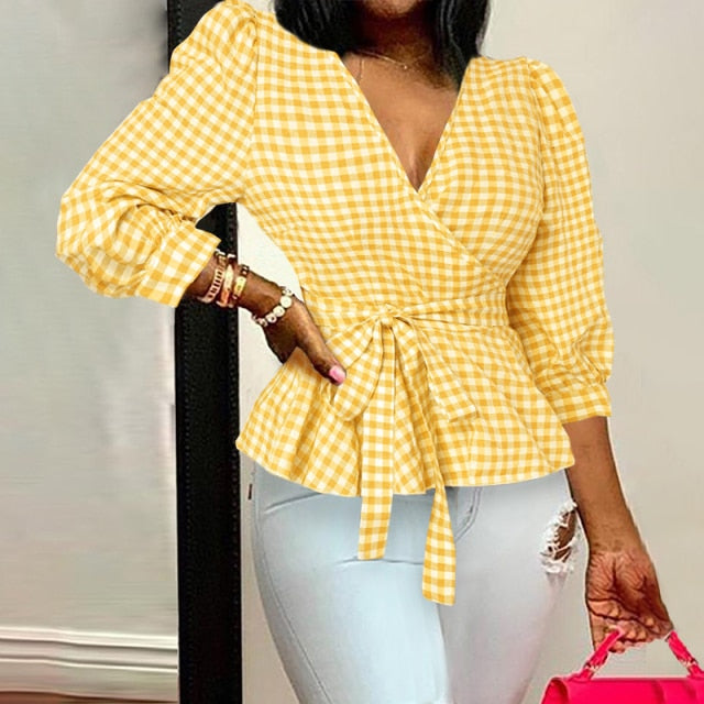 Celmia Women Elegant Blouses  Office Tunic Shirt Sexy Deep V-Neck Leopard Print Belted 2021 Fashion Tops Ruffles Blusas Feminina