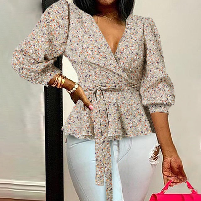 Celmia Women Elegant Blouses  Office Tunic Shirt Sexy Deep V-Neck Leopard Print Belted 2021 Fashion Tops Ruffles Blusas Feminina