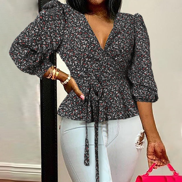 Celmia Women Elegant Blouses  Office Tunic Shirt Sexy Deep V-Neck Leopard Print Belted 2021 Fashion Tops Ruffles Blusas Feminina