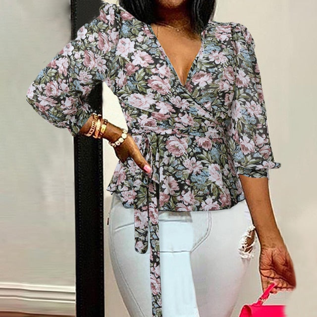 Celmia Women Elegant Blouses  Office Tunic Shirt Sexy Deep V-Neck Leopard Print Belted 2021 Fashion Tops Ruffles Blusas Feminina