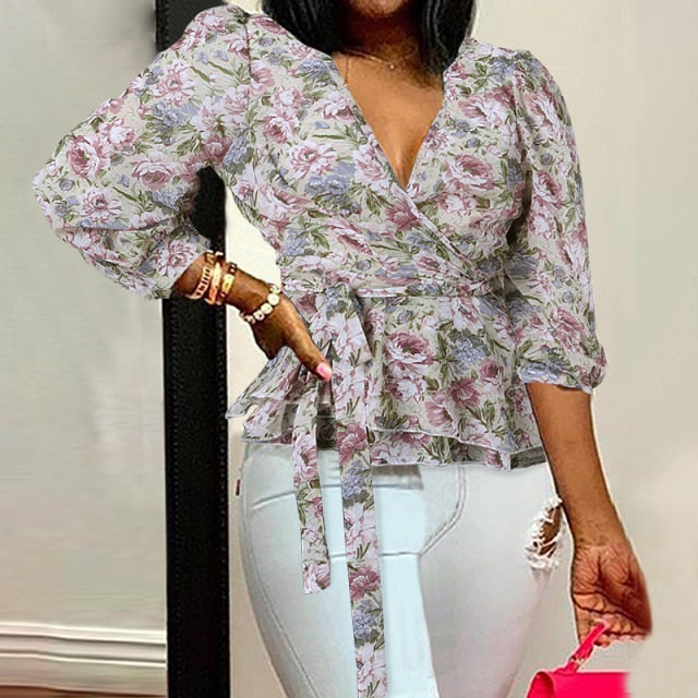 Celmia Women Elegant Blouses  Office Tunic Shirt Sexy Deep V-Neck Leopard Print Belted 2021 Fashion Tops Ruffles Blusas Feminina
