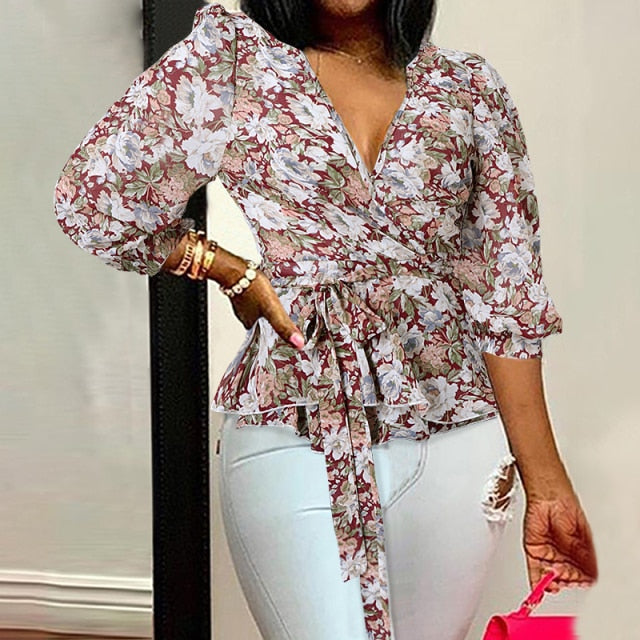 Celmia Women Elegant Blouses  Office Tunic Shirt Sexy Deep V-Neck Leopard Print Belted 2021 Fashion Tops Ruffles Blusas Feminina