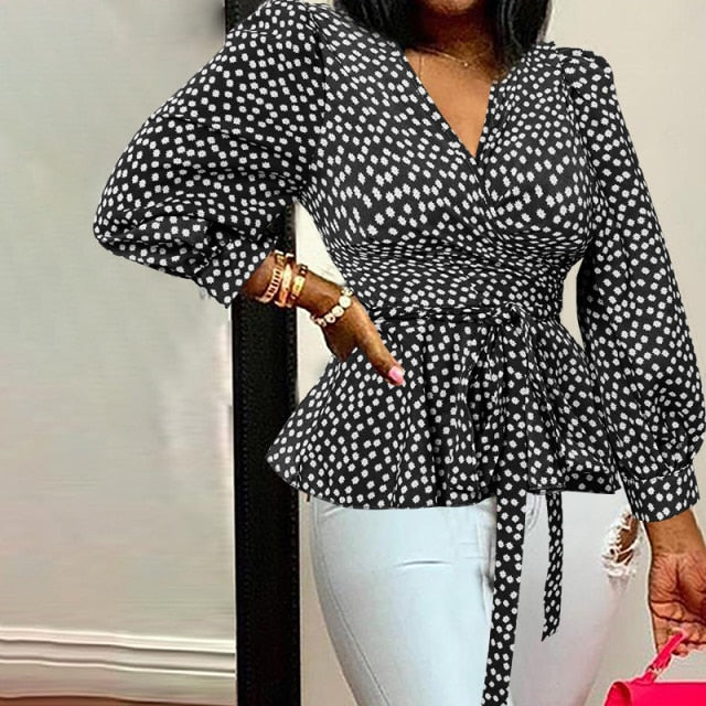 Celmia Women Elegant Blouses  Office Tunic Shirt Sexy Deep V-Neck Leopard Print Belted 2021 Fashion Tops Ruffles Blusas Feminina