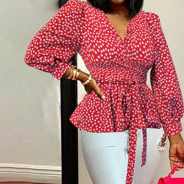Celmia Women Elegant Blouses  Office Tunic Shirt Sexy Deep V-Neck Leopard Print Belted 2021 Fashion Tops Ruffles Blusas Feminina
