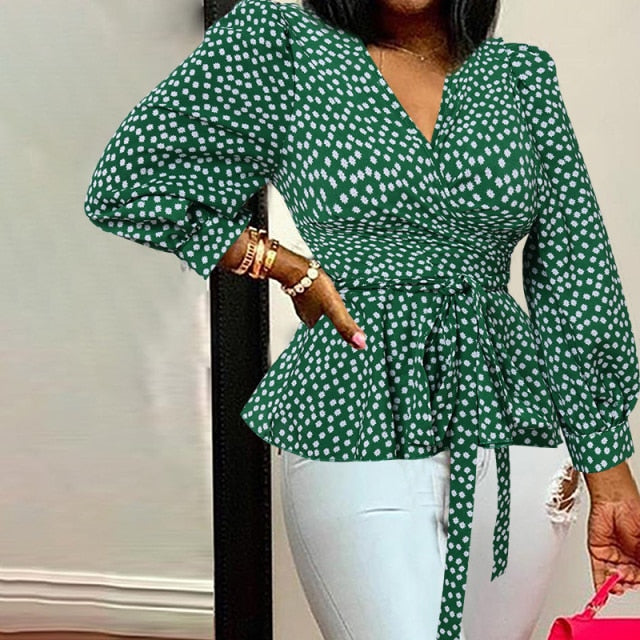 Celmia Women Elegant Blouses  Office Tunic Shirt Sexy Deep V-Neck Leopard Print Belted 2021 Fashion Tops Ruffles Blusas Feminina