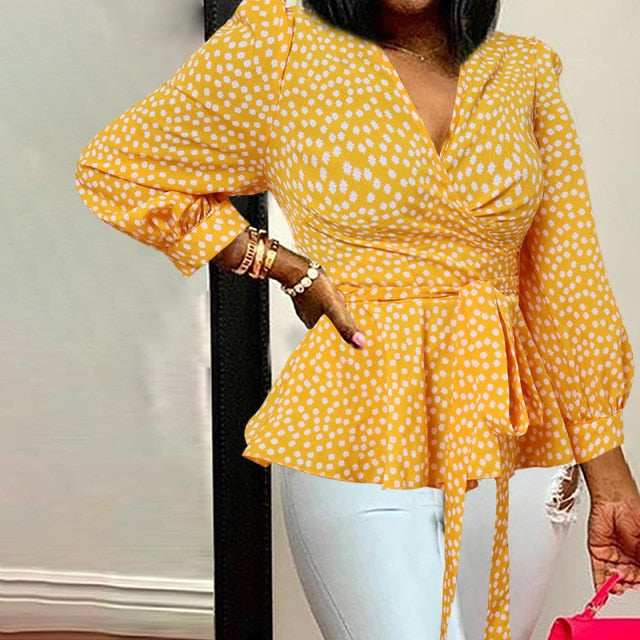 Celmia Women Elegant Blouses  Office Tunic Shirt Sexy Deep V-Neck Leopard Print Belted 2021 Fashion Tops Ruffles Blusas Feminina