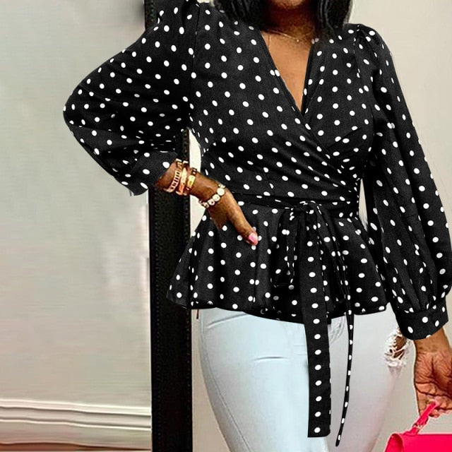 Celmia Women Elegant Blouses  Office Tunic Shirt Sexy Deep V-Neck Leopard Print Belted 2021 Fashion Tops Ruffles Blusas Feminina