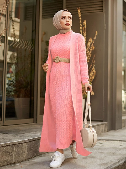 Women Dress New Season Autumn Winter 2 Piece Hijab Knitwear Suit Islamic Muslim Clothing Long Cardigan Model Made in Turkey