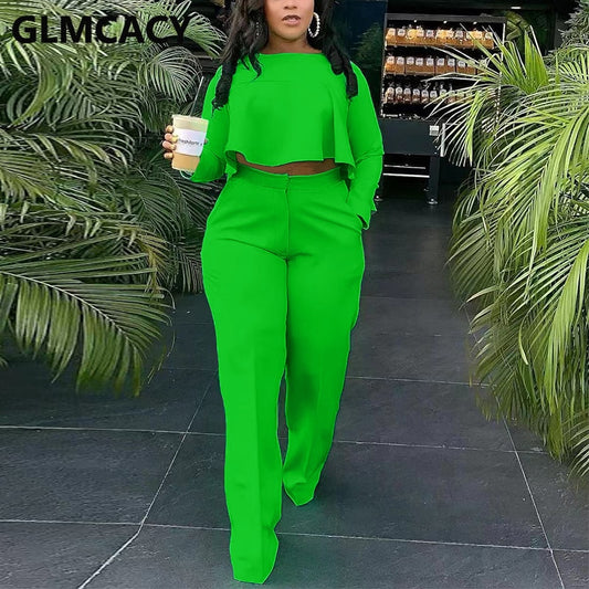Women Two Piece Casual Suits Long Sleeve Dip Hem Crop Top Shirt &amp; Loose Pants Set