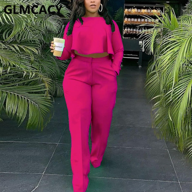 Women Two Piece Casual Suits Long Sleeve Dip Hem Crop Top Shirt &amp; Loose Pants Set
