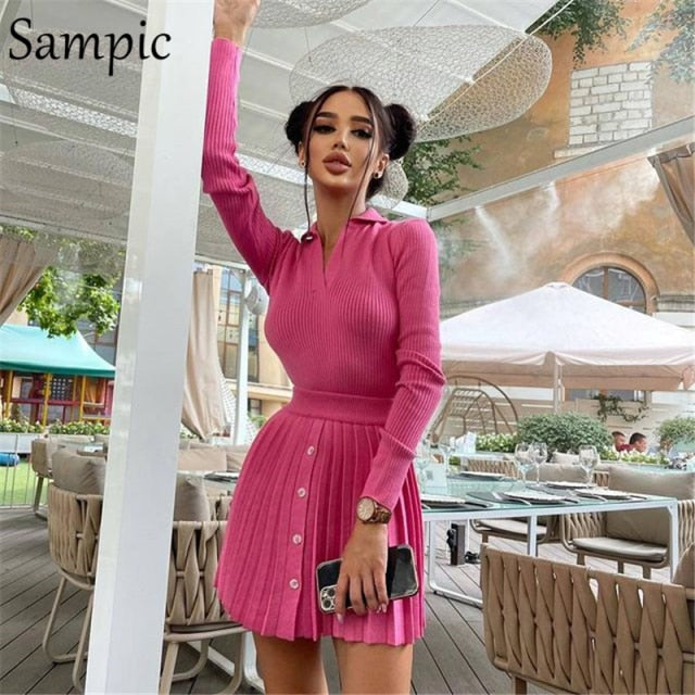 Sampic 2021 Knitted Pleated Skirt Set Women Sexy Long Sleeve Skinny Shirt Tops And High Waisted Mini Skirt Dress Two Piece Set