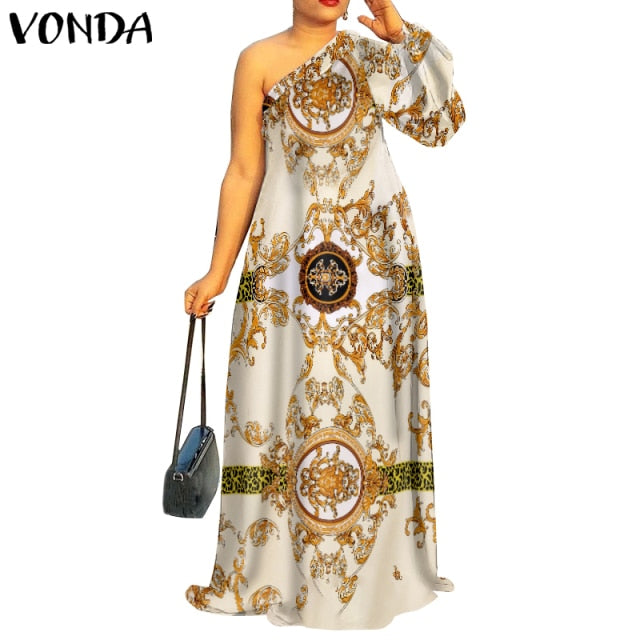 Women Summer Sundress Floral Print Party Maxi Dress 2021 VONDA Vintage Style One Shoulder Sexy Dress Vestidos