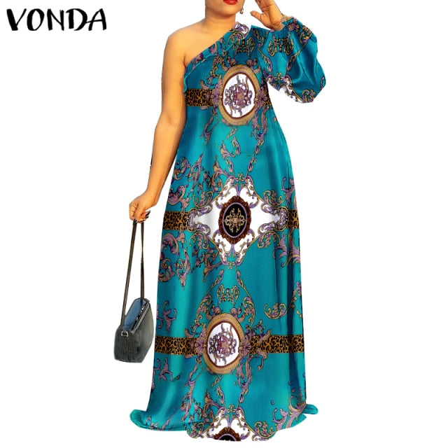 Women Summer Sundress Floral Print Party Maxi Dress 2021 VONDA Vintage Style One Shoulder Sexy Dress Vestidos
