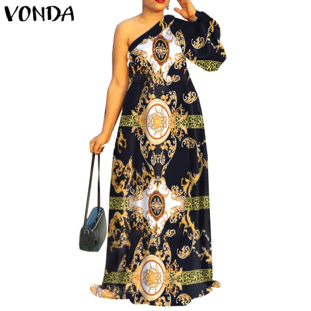 Women Summer Sundress Floral Print Party Maxi Dress 2021 VONDA Vintage Style One Shoulder Sexy Dress Vestidos
