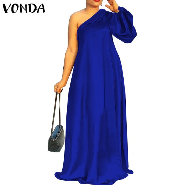 Women Summer Sundress Floral Print Party Maxi Dress 2021 VONDA Vintage Style One Shoulder Sexy Dress Vestidos