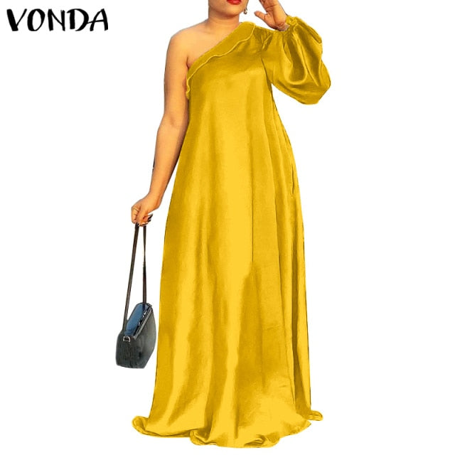 Women Summer Sundress Floral Print Party Maxi Dress 2021 VONDA Vintage Style One Shoulder Sexy Dress Vestidos