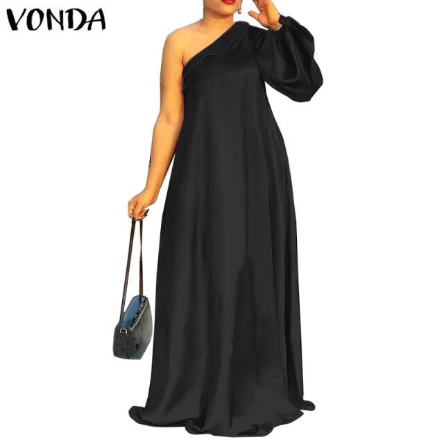 Women Summer Sundress Floral Print Party Maxi Dress 2021 VONDA Vintage Style One Shoulder Sexy Dress Vestidos