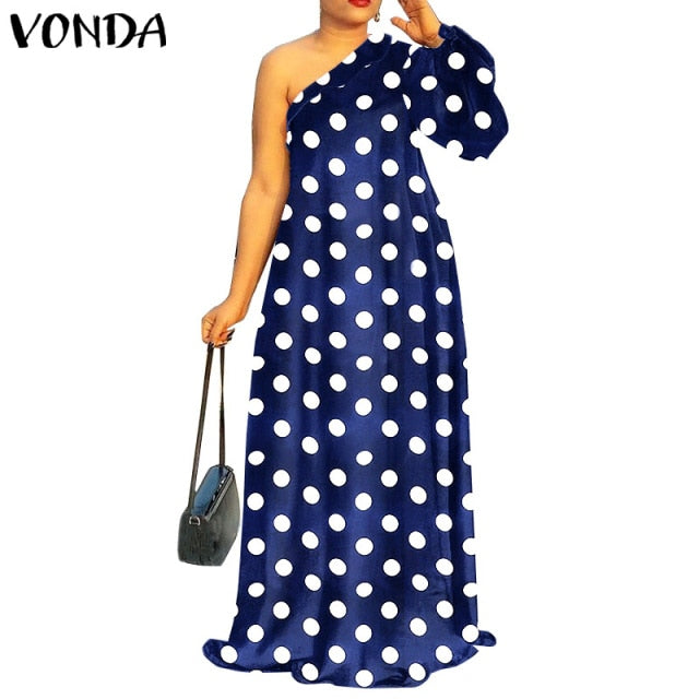 Women Summer Sundress Floral Print Party Maxi Dress 2021 VONDA Vintage Style One Shoulder Sexy Dress Vestidos