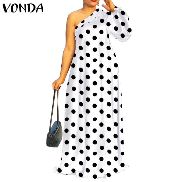 Women Summer Sundress Floral Print Party Maxi Dress 2021 VONDA Vintage Style One Shoulder Sexy Dress Vestidos