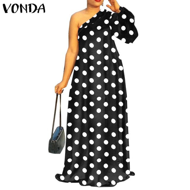 Women Summer Sundress Floral Print Party Maxi Dress 2021 VONDA Vintage Style One Shoulder Sexy Dress Vestidos
