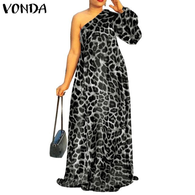 Women Summer Sundress Floral Print Party Maxi Dress 2021 VONDA Vintage Style One Shoulder Sexy Dress Vestidos