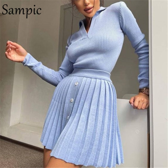 Sampic 2021 Knitted Pleated Skirt Set Women Sexy Long Sleeve Skinny Shirt Tops And High Waisted Mini Skirt Dress Two Piece Set
