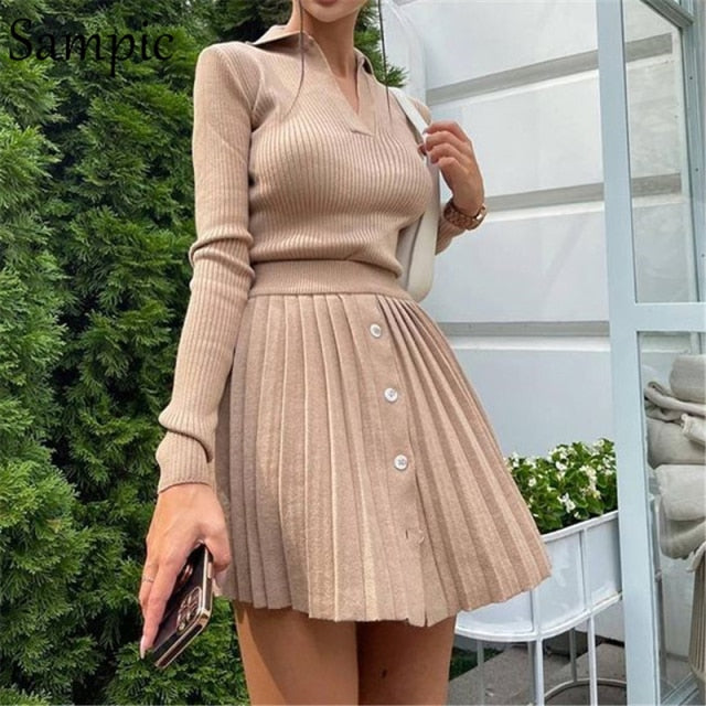 Sampic 2021 Knitted Pleated Skirt Set Women Sexy Long Sleeve Skinny Shirt Tops And High Waisted Mini Skirt Dress Two Piece Set