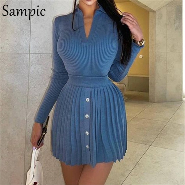 Sampic 2021 Knitted Pleated Skirt Set Women Sexy Long Sleeve Skinny Shirt Tops And High Waisted Mini Skirt Dress Two Piece Set