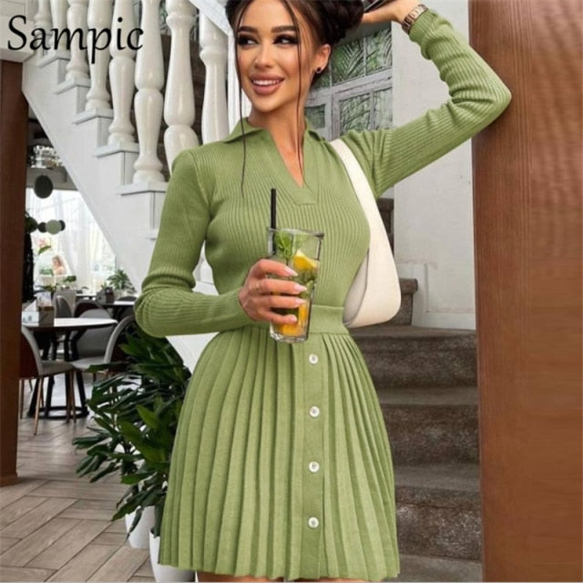 Sampic 2021 Knitted Pleated Skirt Set Women Sexy Long Sleeve Skinny Shirt Tops And High Waisted Mini Skirt Dress Two Piece Set