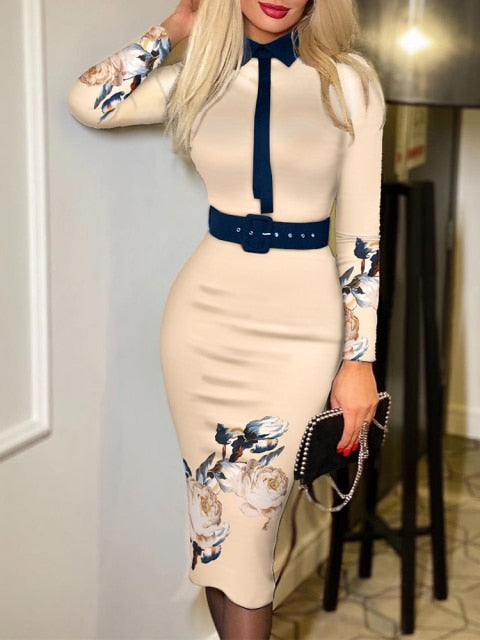 Shein Romwe Y2K Print Long Sleeve Tie Detail Work Elegant With Belt Bodycon Midi Vestidos De Mujer Casual Feminine The Dress