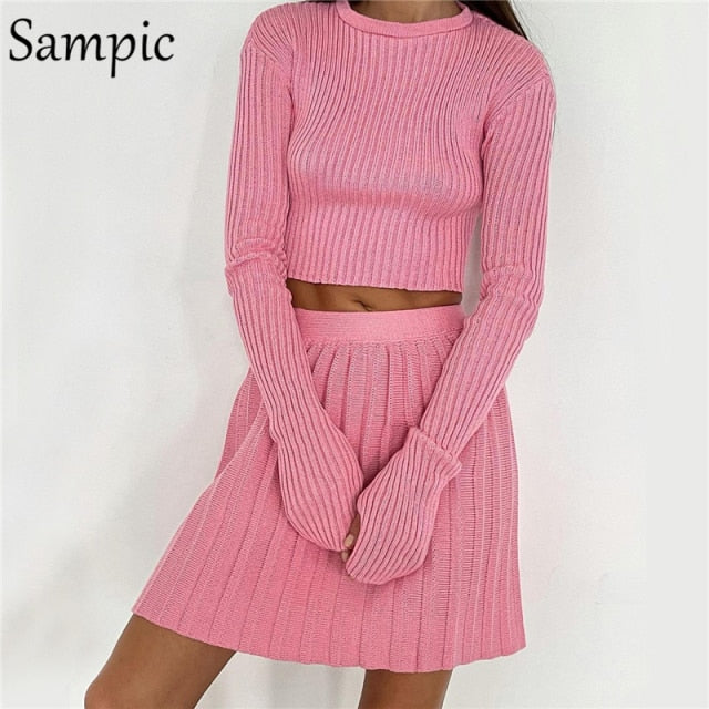 Sampic 2021 Knitted Pleated Skirt Set Women Sexy Long Sleeve Skinny Shirt Tops And High Waisted Mini Skirt Dress Two Piece Set