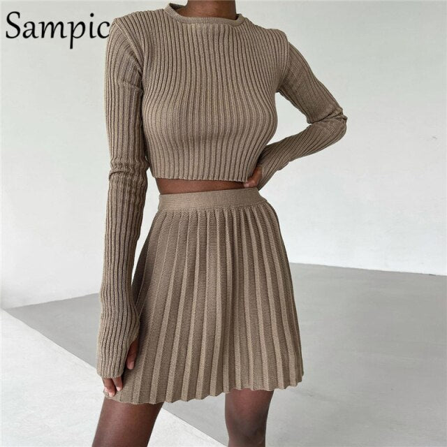 Sampic 2021 Knitted Pleated Skirt Set Women Sexy Long Sleeve Skinny Shirt Tops And High Waisted Mini Skirt Dress Two Piece Set