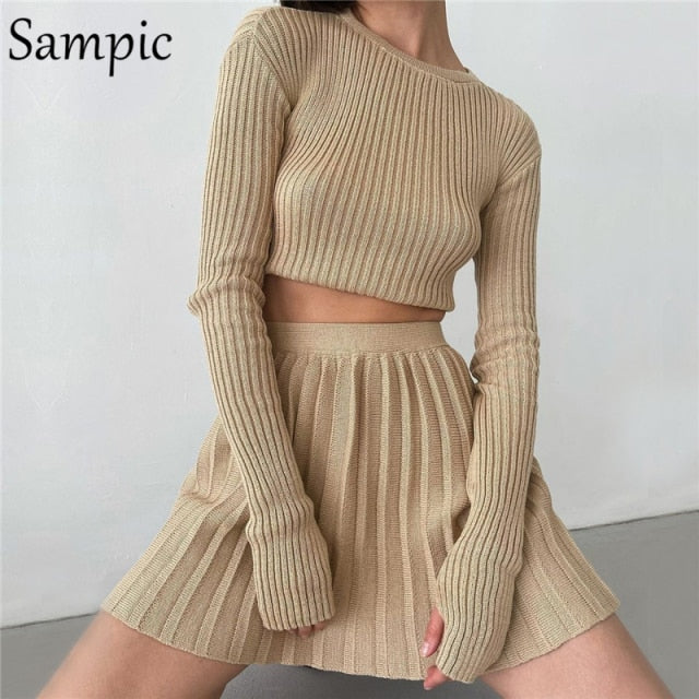 Sampic 2021 Knitted Pleated Skirt Set Women Sexy Long Sleeve Skinny Shirt Tops And High Waisted Mini Skirt Dress Two Piece Set