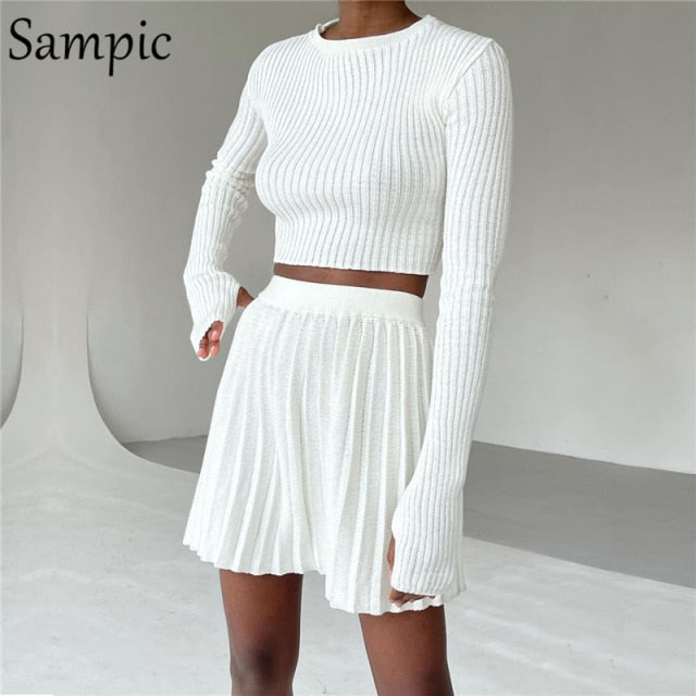 Sampic 2021 Knitted Pleated Skirt Set Women Sexy Long Sleeve Skinny Shirt Tops And High Waisted Mini Skirt Dress Two Piece Set