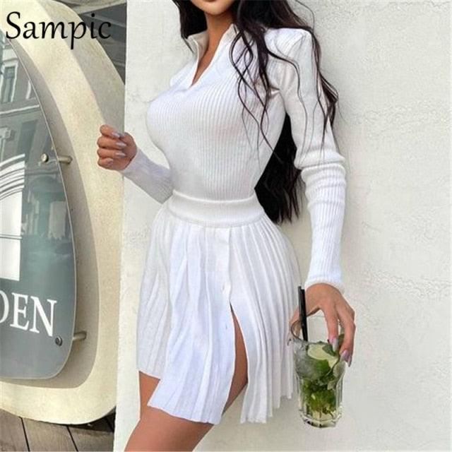 Sampic 2021 Knitted Pleated Skirt Set Women Sexy Long Sleeve Skinny Shirt Tops And High Waisted Mini Skirt Dress Two Piece Set