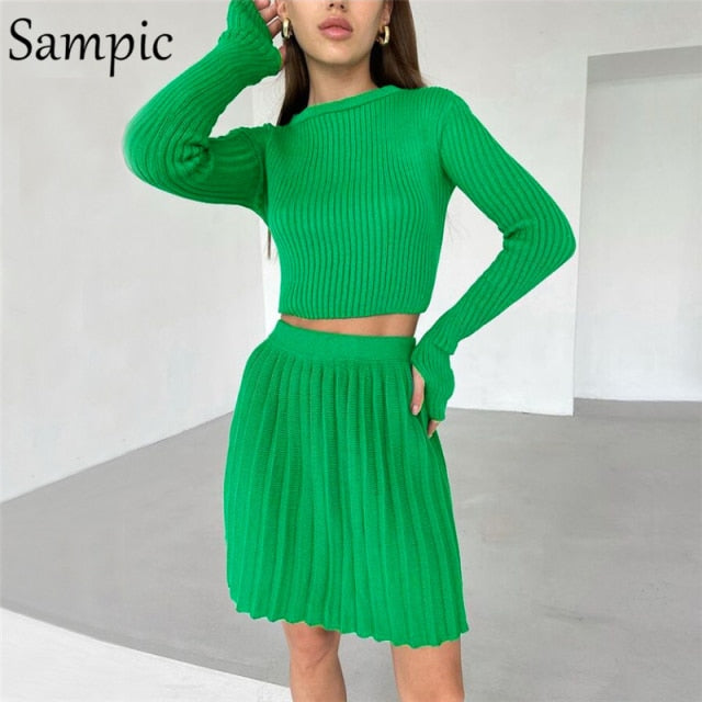 Sampic 2021 Knitted Pleated Skirt Set Women Sexy Long Sleeve Skinny Shirt Tops And High Waisted Mini Skirt Dress Two Piece Set